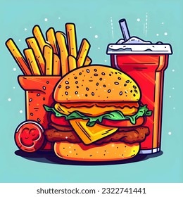 Logo - hamburger, cola and fries on a blue background.