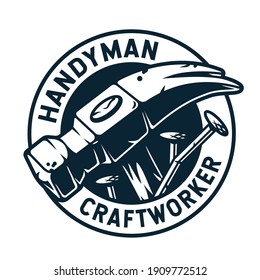 Logo of hammer and nails for craft studio or workshop. Handyman repair tool, professional carpentry work