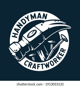 Logo of hammer and nails for craft studio or workshop. Handyman repair tool, professional carpentry work