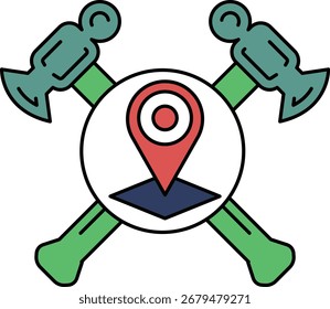 Um logotipo com um martelo e um X nele com um ponto vermelho no meio. O logotipo é para uma empresa que fornece serviços de localização