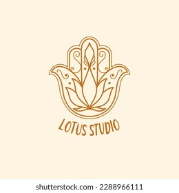 Logo hamsa for the studio of yoga and spiritual practices. Hamsa icon symbolizing protection and amulet. Vector illustration.