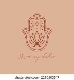 Logo hamsa for the studio of yoga and spiritual practices. Hamsa icon symbolizing protection and amulet. Vector illustration.