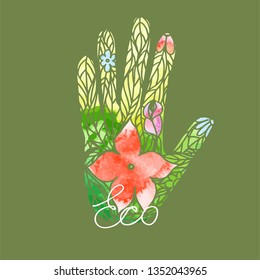 Logo hand consisting of leaves and flowers ecological appeal vector image