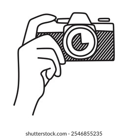 Logotipo, cámara de mano, arte de línea en blanco y negro