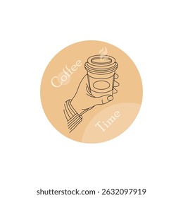 Logo hand holding coffee. Vector stylish logo for a coffee shop. Coffee icon in hand. Coffee cup vector.
