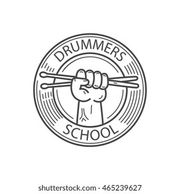 logo, hand holding drumsticks, vector graphic doodle art shape, illustration isolated on white background.