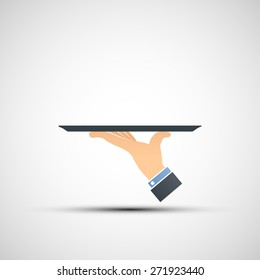 Logo hand holding a tray. Vector image.