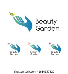 Logo hand with leaf, butterfly, beauty template garden