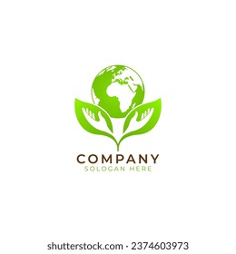 Logo of hand in leaf holding earth. Planet and eco symbols or icons. Unique global organic and natural logotype design template