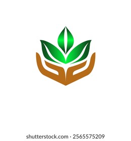 the logo of a hand lifting a leaf, symbolizes caring for the importance of forests, this logo can be used by environmentalist communities, institutions working in the field of forest conservation and 