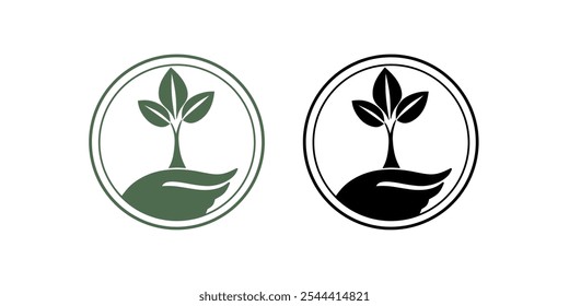 A logo of a hand with a plant. 