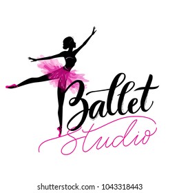 Logo, hand written sign for ballet or dance studio. Silhouette of young dancer and modern lettering. Can be used for logo, signage, posters and advertising your business, Vector illustration, sketch.