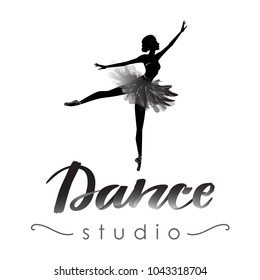 Logo, hand written sign for ballet or dance studio. Silhouette of young dancer and modern lettering. Can be used for logo, signage, posters and advertising your business, Vector illustration, sketch.