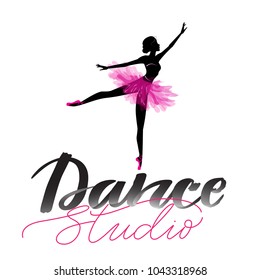 Logo, hand written sign for ballet or dance studio. Silhouette of young dancer and modern lettering. Can be used for logo, signage, posters and advertising your business, Vector illustration, sketch.