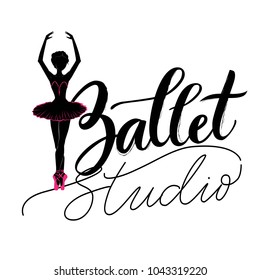 Logo, hand written sign for ballet or dance studio. Silhouette of young dancer and modern lettering. Can be used for logo, signage, posters and advertising your business, Vector illustration, sketch.