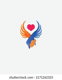 Logo Hands holding hands and having wings and in the middle is a symbol of love, this logo is suitable for caring organizations or something like that