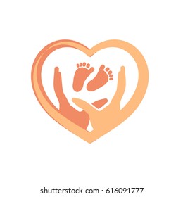 Logo. Hands hugging the baby's legs. A sign of care.