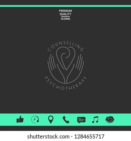 Logo - hands support the heart with spirals - a symbol of interaction, cooperation, support and understanding