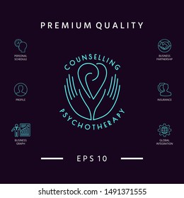 Logo - hands support the heart with spirals - a symbol of interaction, cooperation, support and understanding