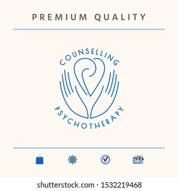 Logo - hands support the heart with spirals - a symbol of interaction, cooperation, support and understanding