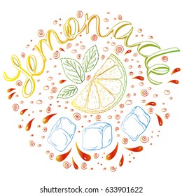 Logo with handwritten lemonade with mint leaves, lemon slice and ice cubes