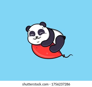 The logo Happy Birthday. Panda lies in the balloon. Emblem on blue background isolated.  Beautiful greeting card in vector illustration