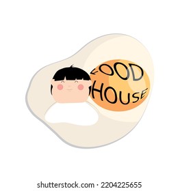 Ein Logo mit einem glücklichen Jungen hinter einem Ei mit der Inschrift des Essens darauf. Werbung für Restaurants, Cafés, Schilder, Plakate, Geschäft, Dekoration, Drucke auf Kleidung, Bars.