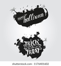 Logo "Happy Halloween" and "Trick or treat" with zombies and pumpkin