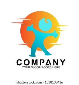Logo of a happy little boy. Vector logo of child with sun behind. Creative kids icon, Healthy and smart children logo.
