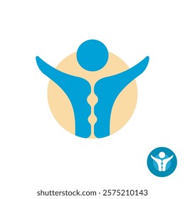 Logo of a happy man with arms up. Spine health or massage therapy theme concept. Soft blue, and beige colors.