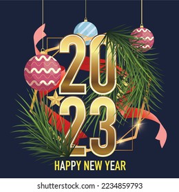 Logo Happy New Year 2023 text design. Cover of business diary for 2023 with wishes. Brochure design template, card, banner, poster, card, banner. Numbers and letters isolated on white background