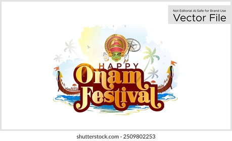 Logo do Happy Onam festival. Barco de cobra com kerala, fundo da Índia e dançarina Kathakali ilustração vetor.