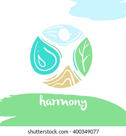 Logo harmony, four nature element, high mountain, blue sky, clean water, green tree. Illustration for eco-friendly technologies and clean energy environmental organization.