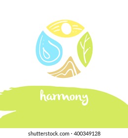 Logo harmony, four nature element, brown ground, yellow sun, blue water, green tree. Illustration for eco-friendly technologies and clean energy environmental organization.