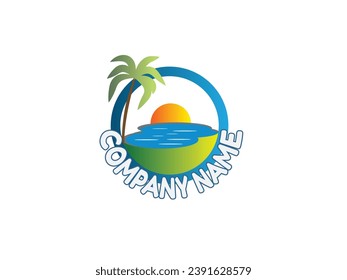 The logo has a beach theme with a sunrise and coconut trees, suitable for a water park logo 