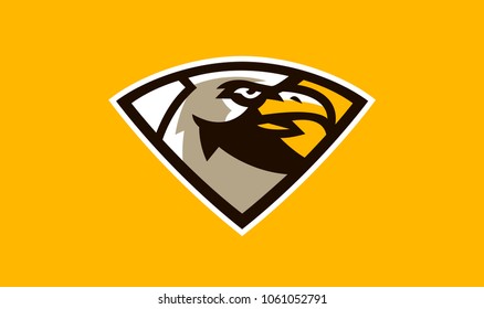 Logo of the hawk's head, shield. A dangerous predator, an animal, a bird, a mascot of a sports club. Vector illustration.