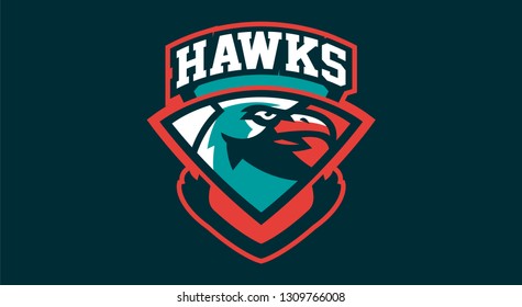 Logo of the hawk's head, shield. A dangerous predator, an animal, a bird, a mascot of a sports club. Vector illustration