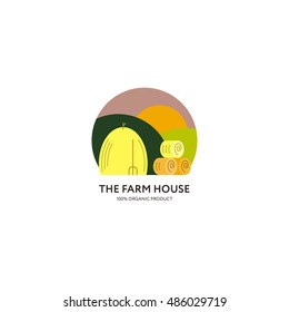 Logo with haystacks, fields and the sun. Flat style. Round composition. Vector illustration.