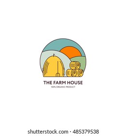 Logo with haystacks, fields and the sun. Line style. Round composition. Vector illustration.