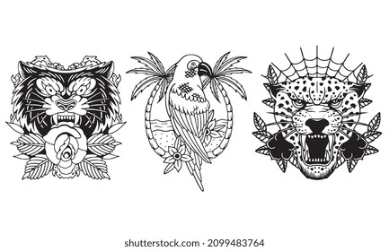 logo head bear, bird and cheetah vector design black and white