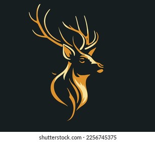 logo with the head of a beautiful elegant deer with antlers drawn in flat design style in yellow and golden colors, isolated over dark background - vector symbol for a brand label