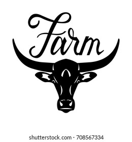 Logo head of a bull. Icon buffalo. Silhouette of an american bull isolated on white background. Farm lettering