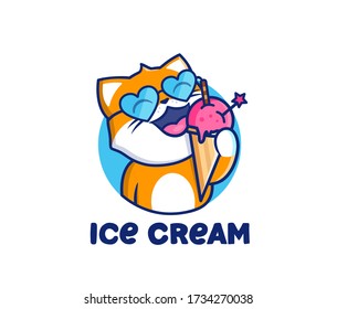 The logo head cat eat ice cream. Food logotype, cute kitten, cartoon character is a badge, sticker, emblem on white background isolated. Vector illustration, flat, line art, creative design