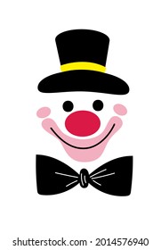 Logo. The head of a clown is drawn - a nose, a smile, a hat and a bow tie in yellow, black, red and white colors, drawn in a doodle style. Stock vector illustration isolated on a white background.