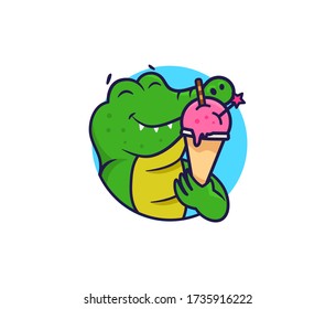 The logo head crocodile with ice cream. Food logotype, cute animal, cartoon character, badge, sticker, emblem on white background. Vector illustration, flat, line art, creative