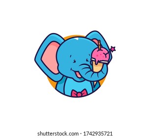 The logo head elephant eat ice cream. Food logotype, cute animal, cartoon character, badge, sticker, emblem on white background isolated. Vector illustration, flat, line art