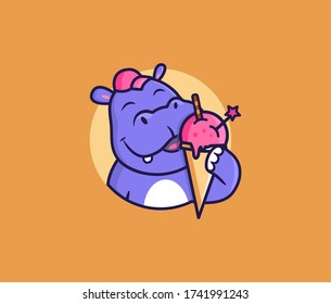 The logo head hippo eat ice cream. Food logotype, cute animal, cartoon character, badge, sticker, emblem. Vector illustration, flat, line art, creative