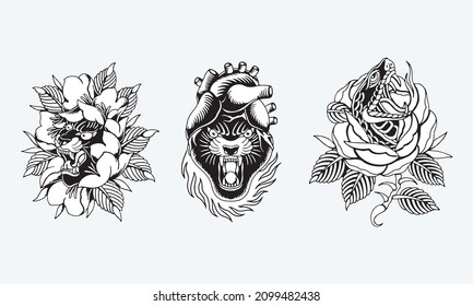 logo head panther, flower and head snake vector design black and white