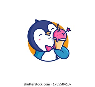 The logo head penguin  with ice cream. Food logotype, small cute animal, cartoon character, badge, sticker, emblem on white background. Vector illustration, flat, line art, creative