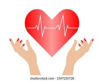 Logo of heart beat pulse line, red heart shape with ECG - EKG signal with woman hands holding. Isolated on white background. Vector Illustration. Idea for medical and healthcare business concept.